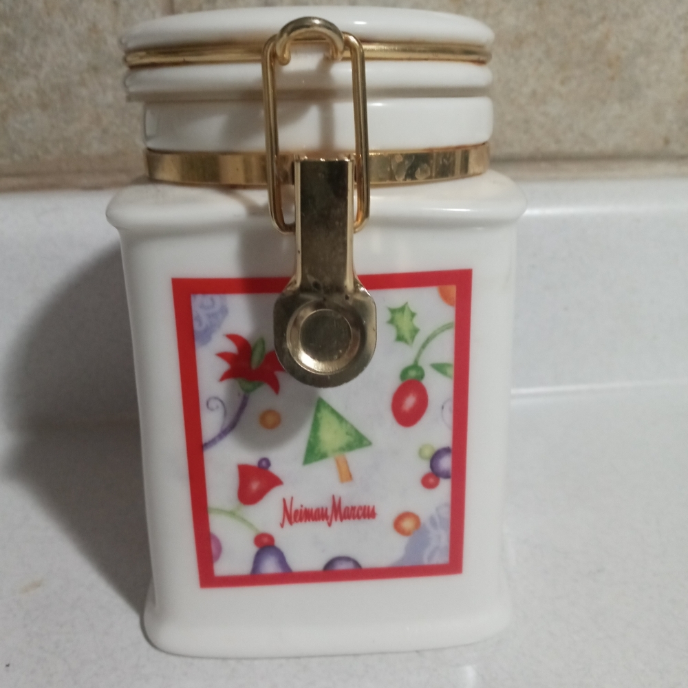 Neiman Marcus White Ceramic Holiday Canister with Gold Accent